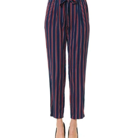 Vertical Stripe Paper-bag Waist Bottom - Paper Bag Waist - High Waist - Picture 2 of 3